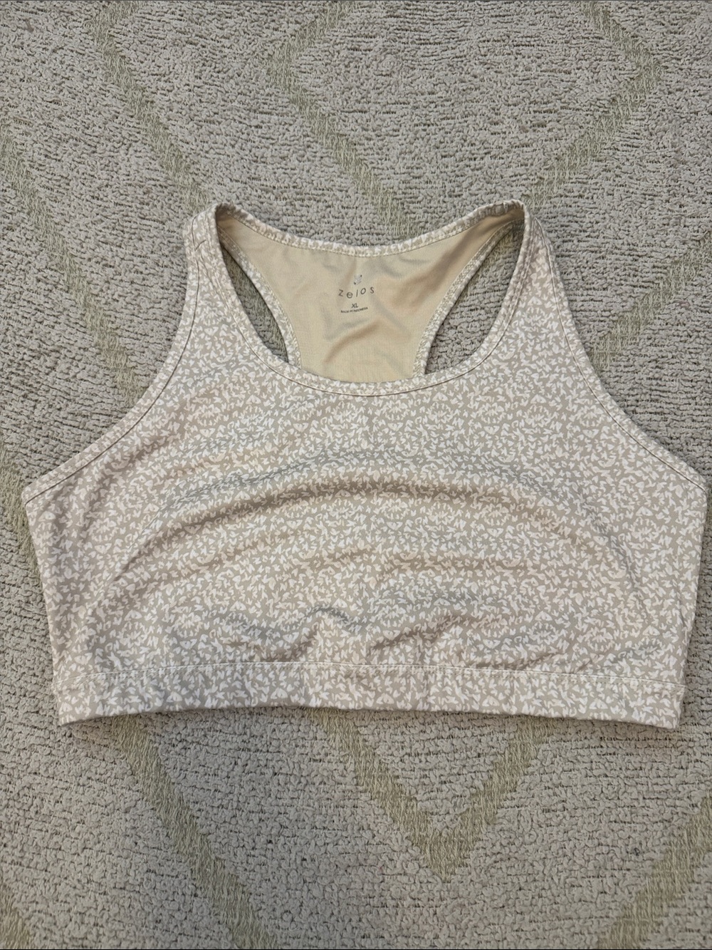 Zelos XL Beige White Print Racerback Sports Bra Medium Support Activewear